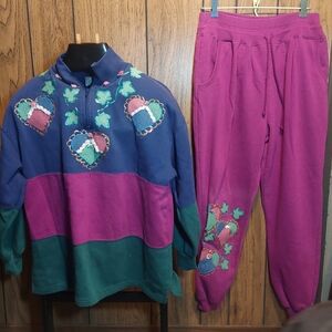 Colorful Granma Core Sweatsuit 1/4 Zip Top And Joggers Purple Flowers Hearts 90s